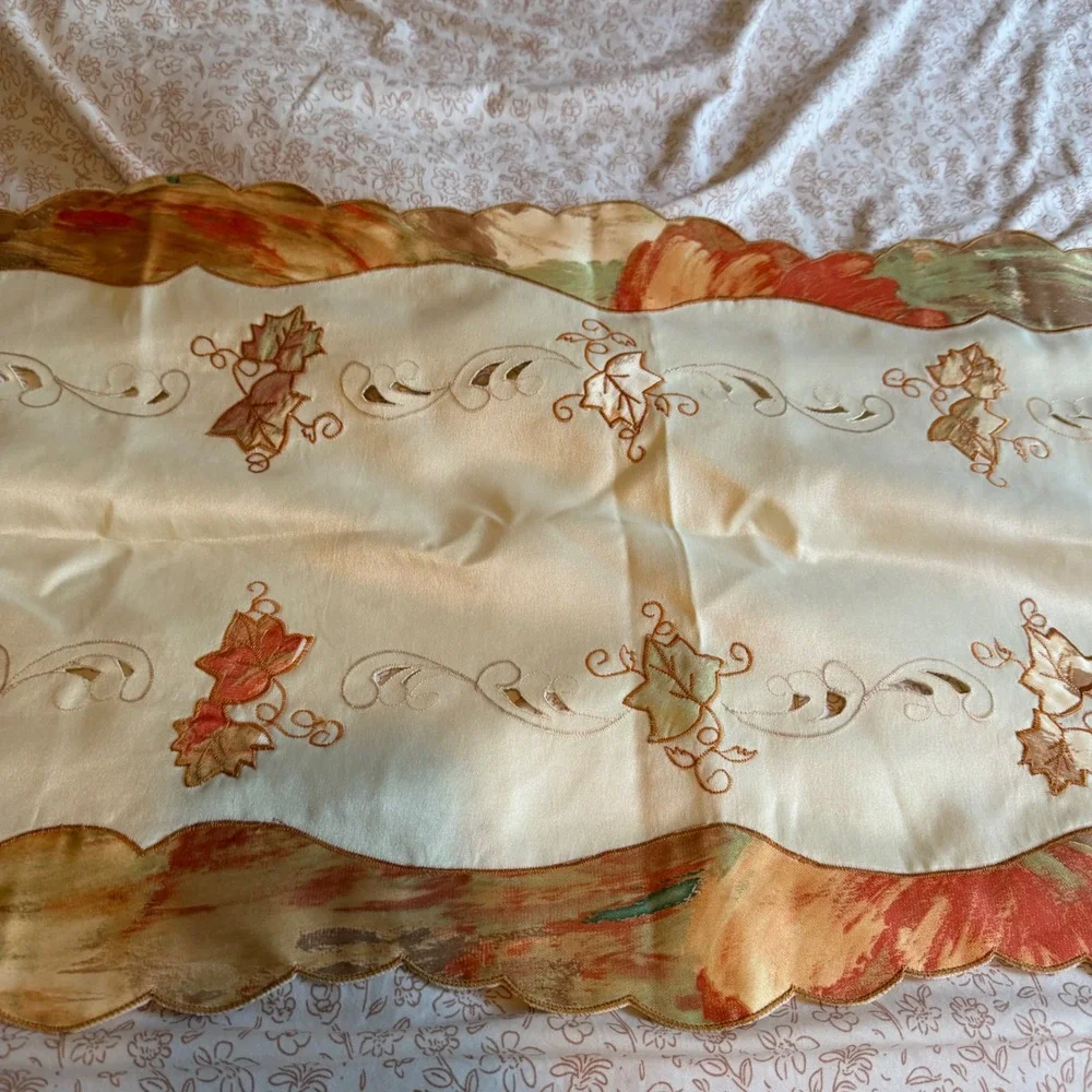 Fall Autumn Maple Leaf Table Runner and 8 Placemats Set Embroidered Cutout Cream